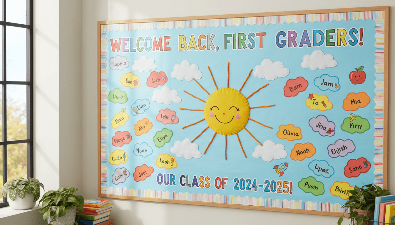 First grade classroom August back-to-school bulletin board with colorful name tags