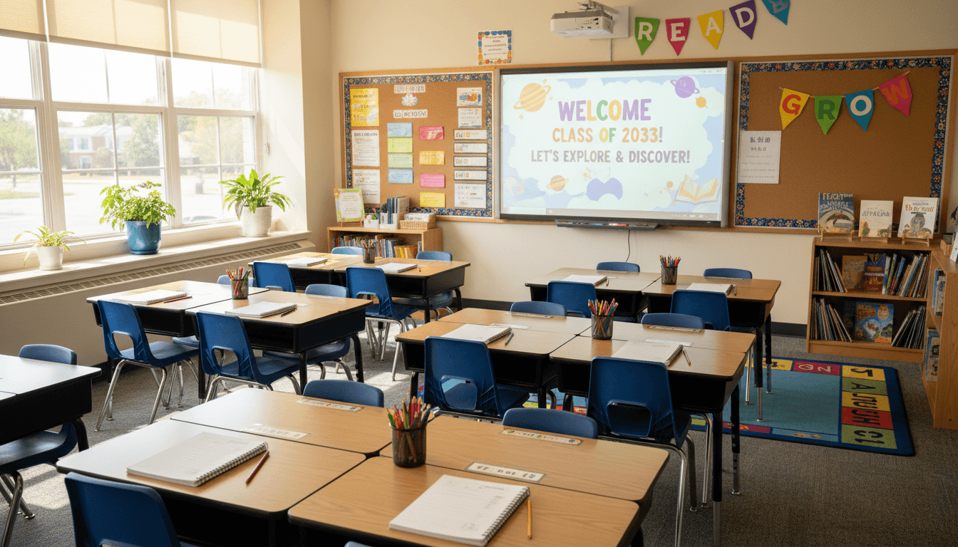 Fourth grade classroom August ready with desks arranged and interactive whiteboard turned on