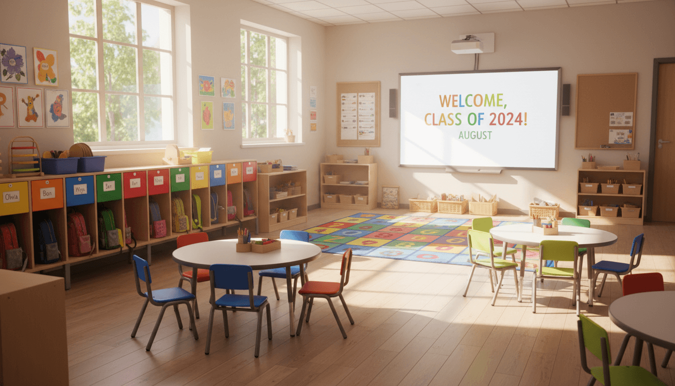 Bright kindergarten classroom with colorful cubbies labeled for new students and a welcome sign on the whiteboard in August