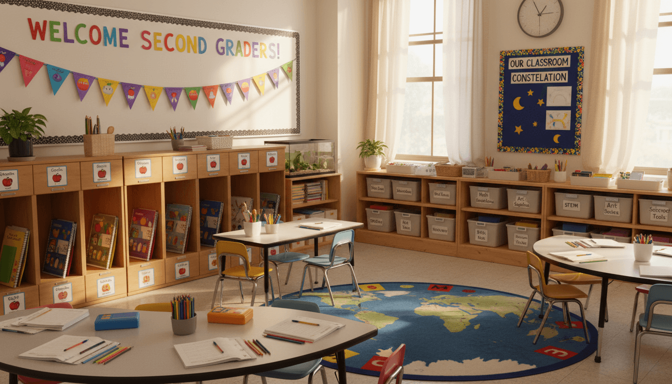 Second grade classroom August setup with student cubbies and labeled materials