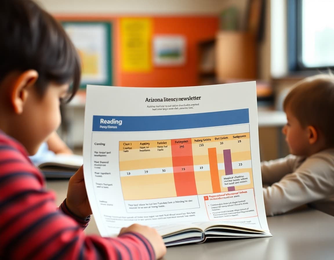 Arizona literacy newsletter with reading benchmark chart and local library resource links