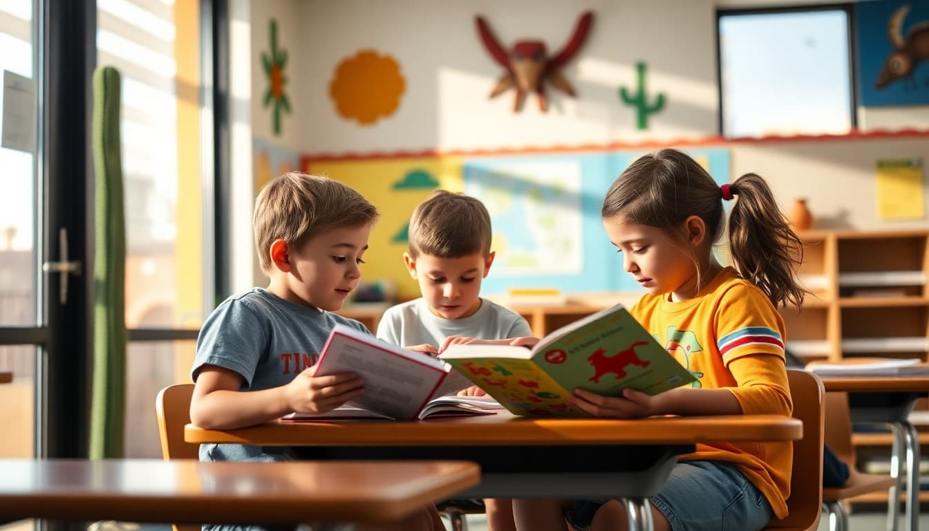 Arizona elementary students doing partner reading in a bright desert-themed classroom