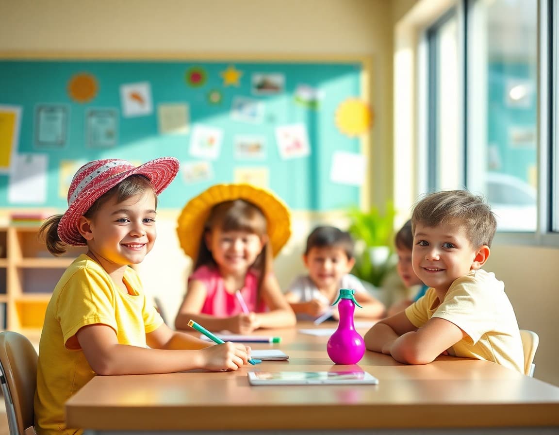 Colorful beach themed classroom newsletter layout with summer learning activities