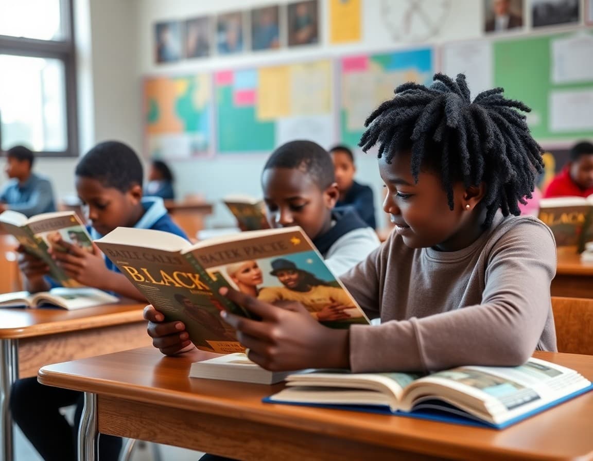 Students reading books about Black history at classroom tables