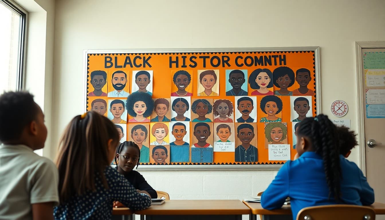 Classroom bulletin board celebrating Black History Month with student-made portraits