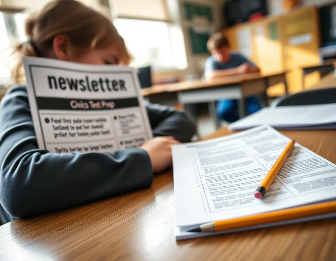 Civics test prep newsletter for 5th grade beside study notes and a pencil on a classroom desk