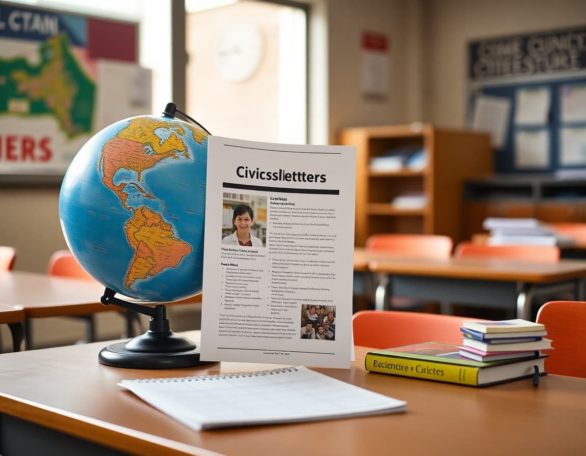 5th grade civics unit newsletter printed beside a globe and civics workbook on a classroom desk