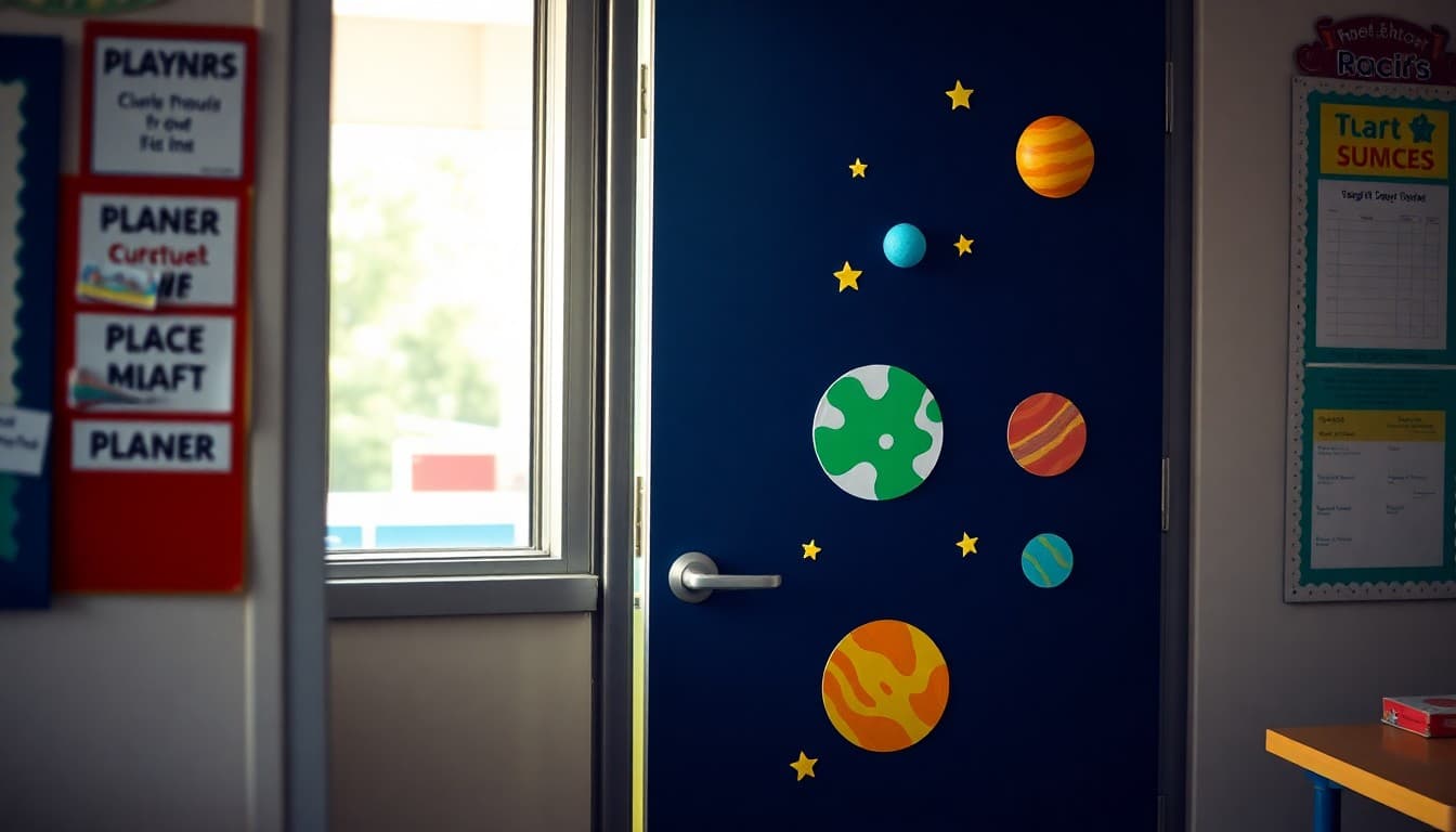 Colorful classroom door decorated with a space theme and student-made planet cutouts