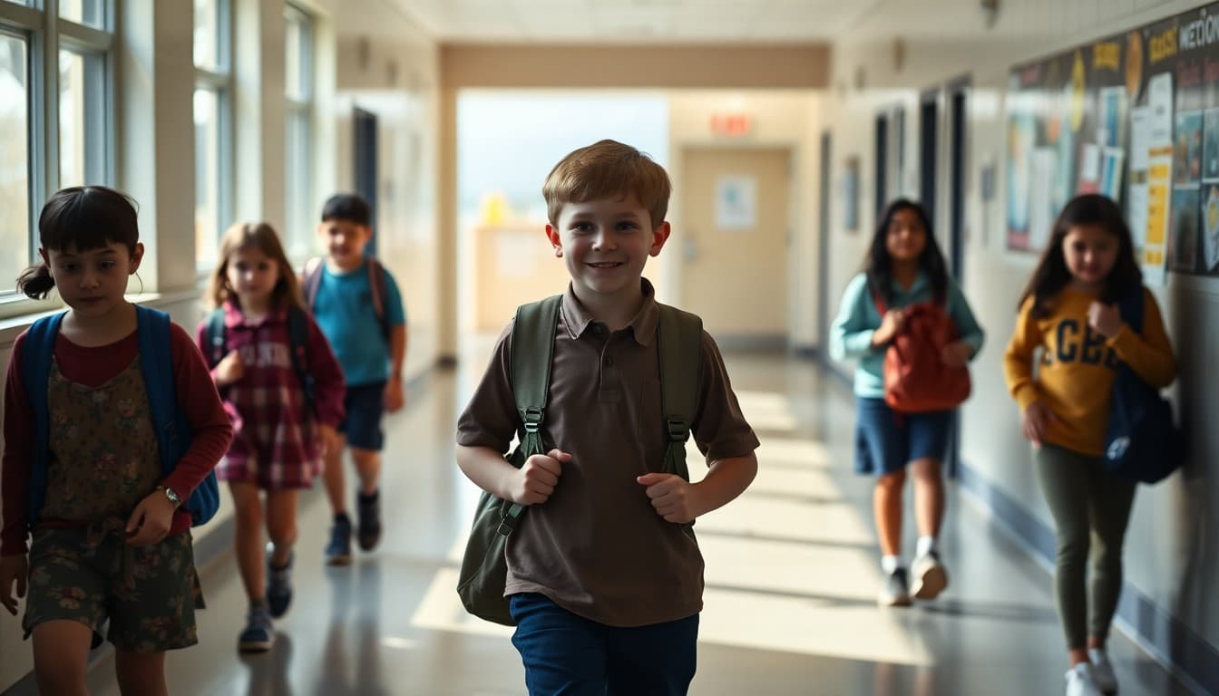 Student in the role of line leader guiding classmates through a school hallway
