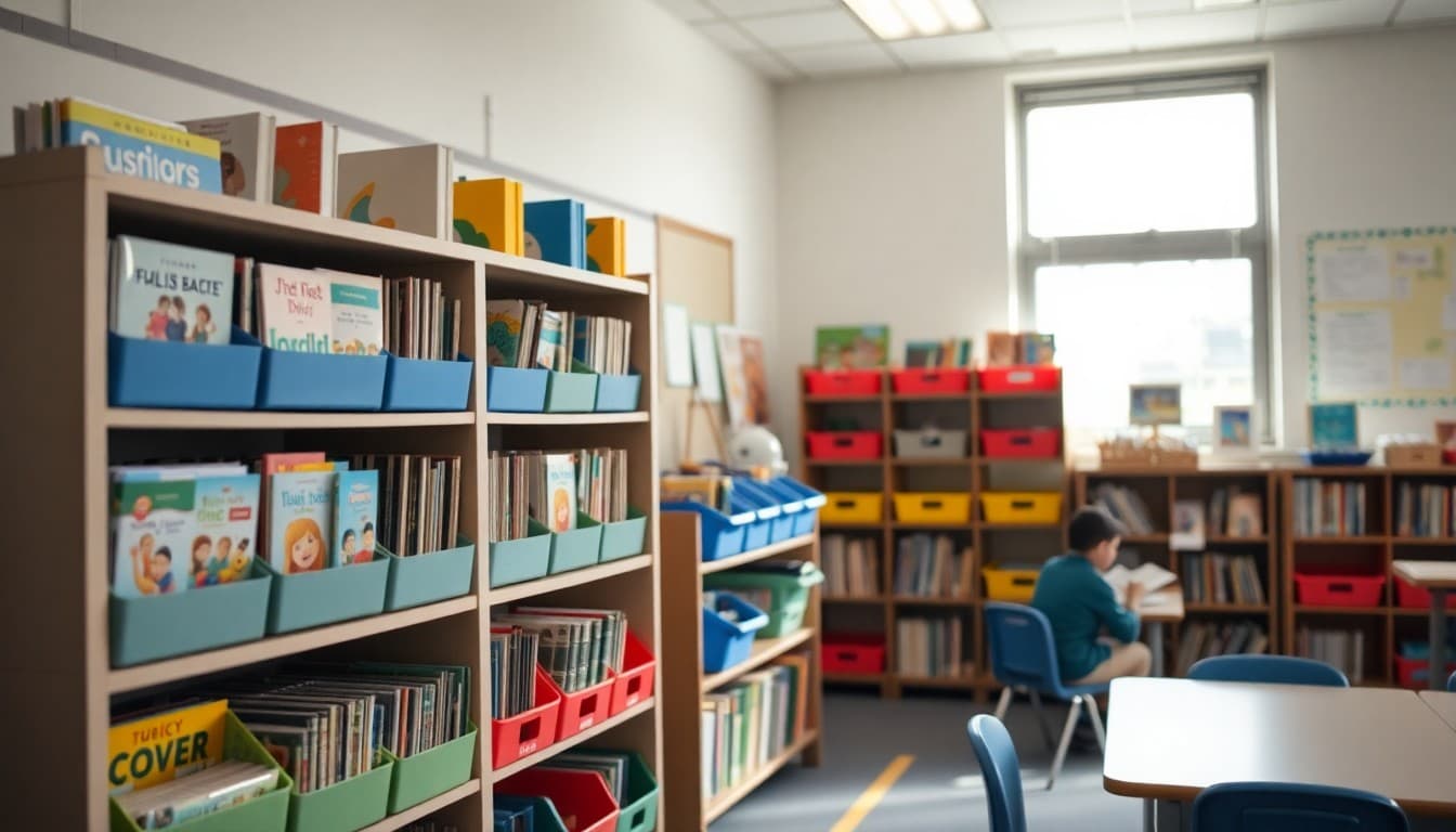 Well-organized classroom library shelves with colorful book bins and a reading corner