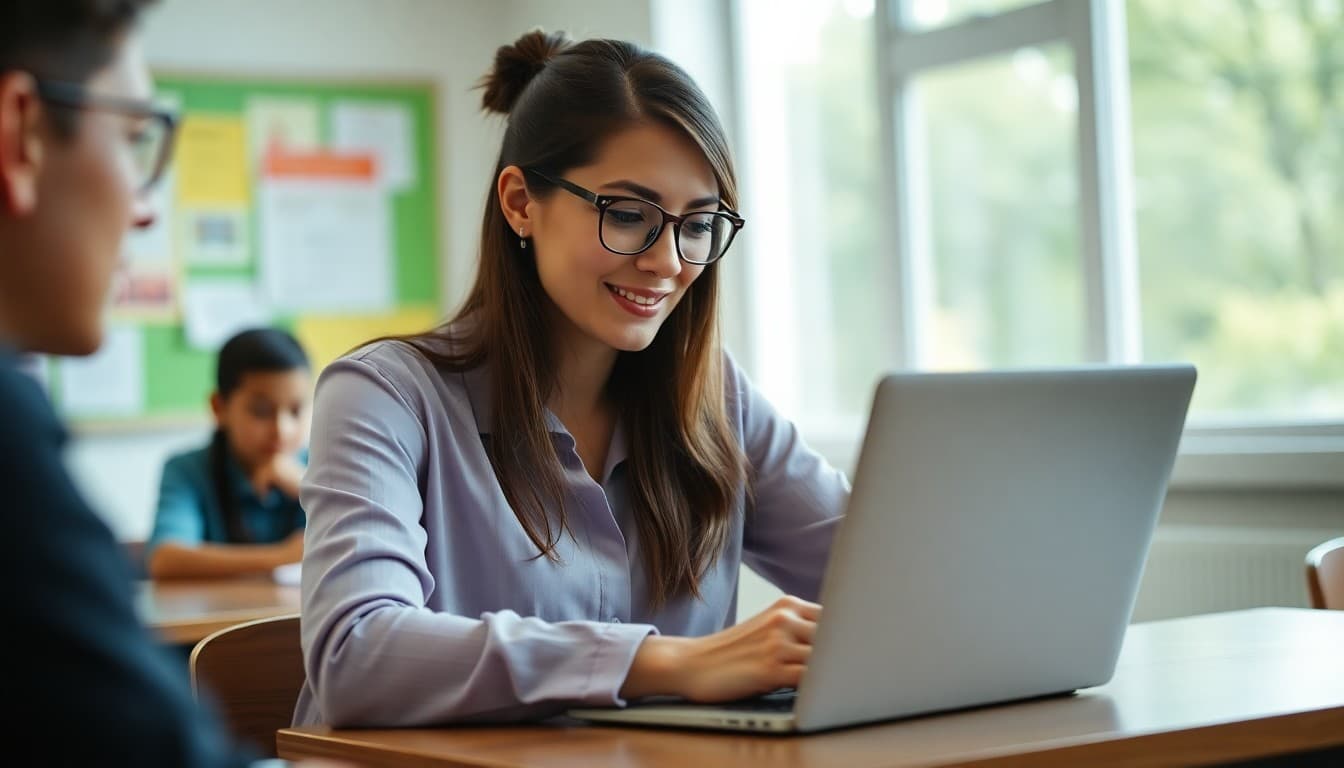 Teacher reviewing newsletter open rate analytics on a laptop at a classroom desk