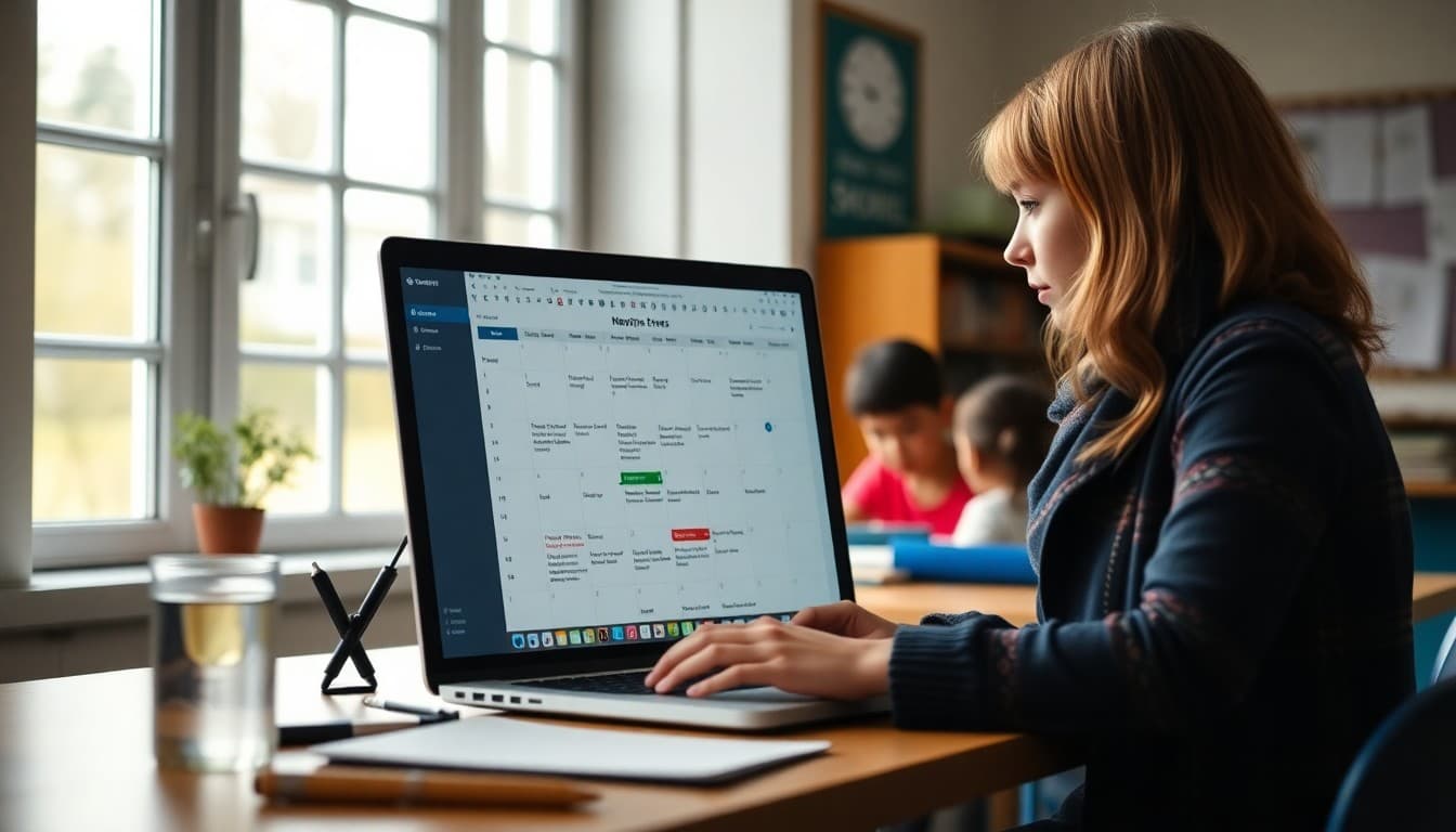 Teacher setting up scheduled newsletter sends on a laptop with calendar visible in background