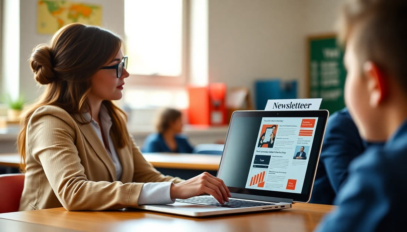 Teacher comparing email inbox and newsletter design on laptop screen side by side