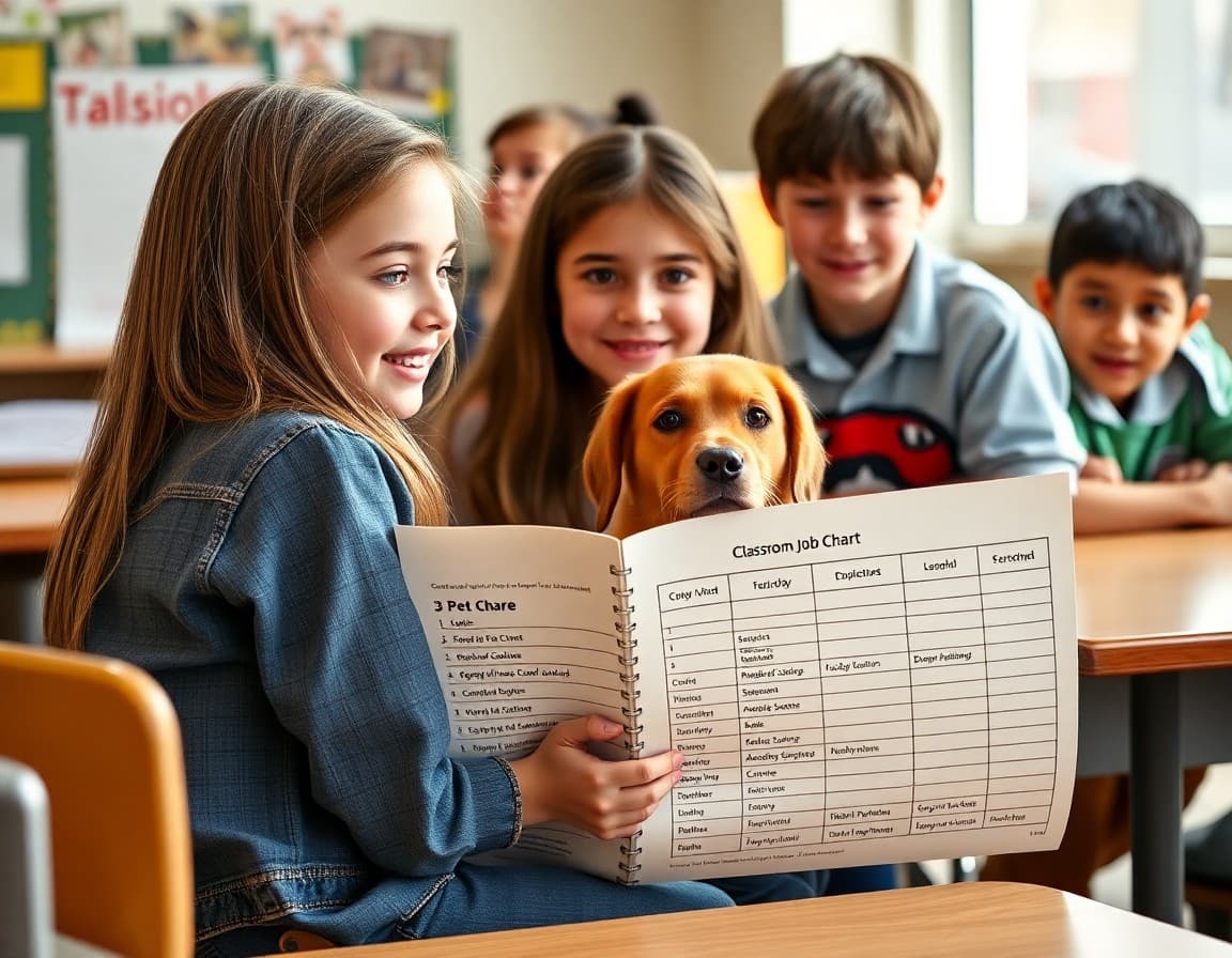Newsletter section about classroom pet care responsibilities with student job chart