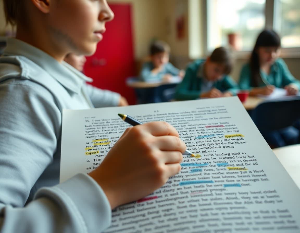Annotated text excerpt showing student highlighting and marginalia during close reading