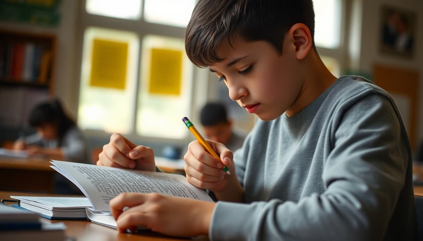 Student annotating a text passage with pencil during close reading lesson