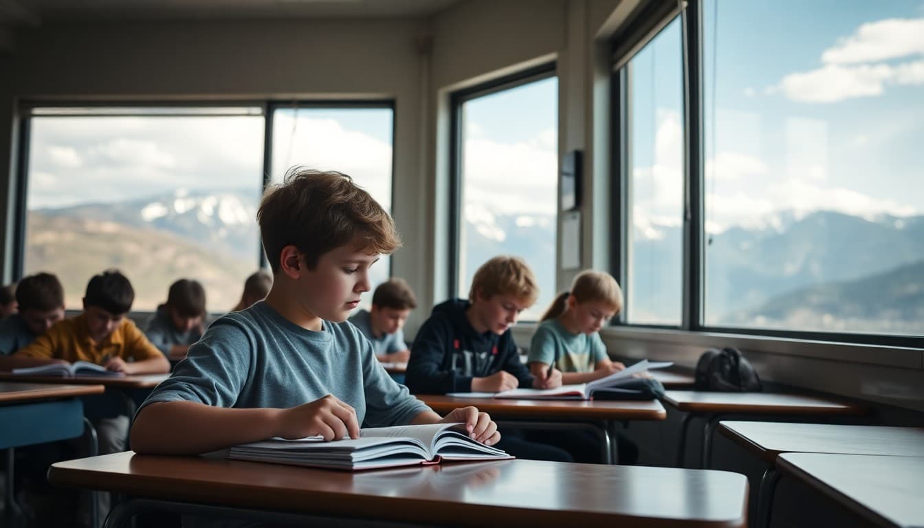 Colorado students reading at desks in a classroom with mountain scenery visible through the window
