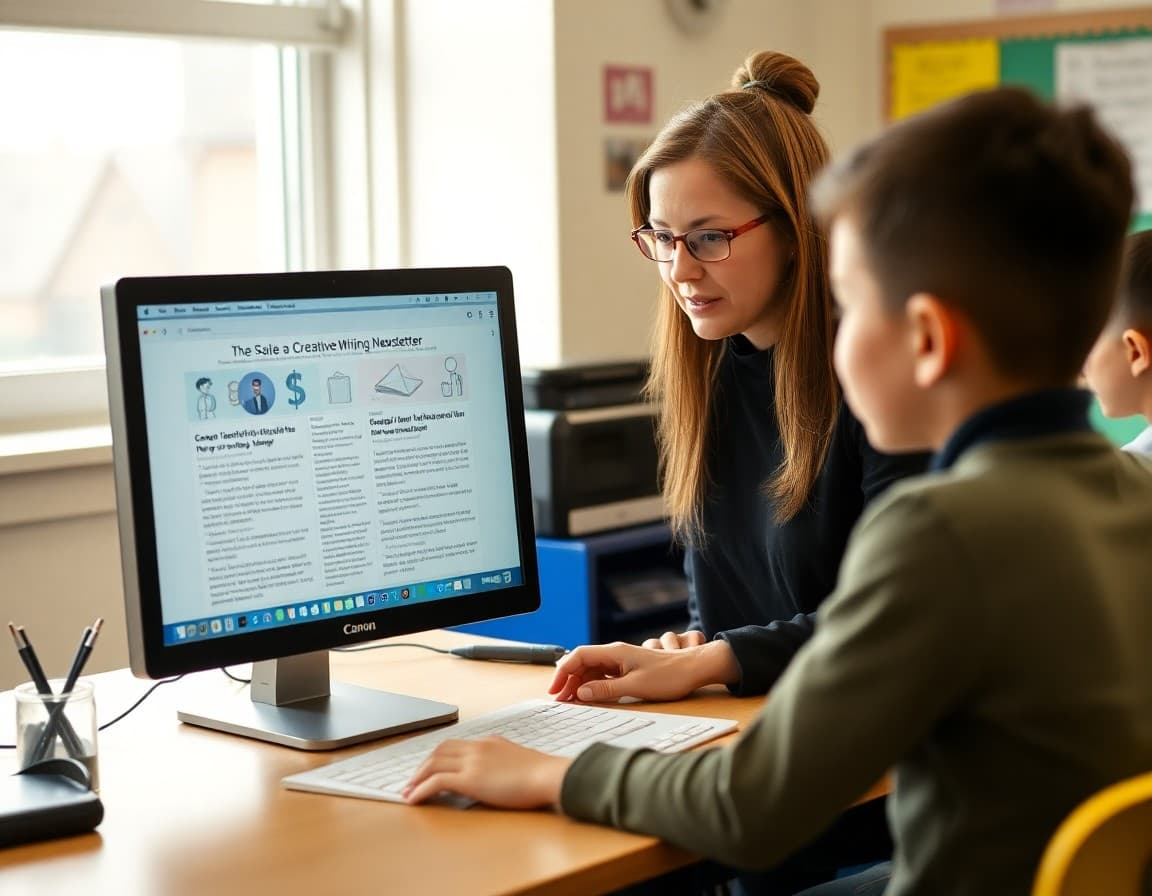 Fifth grade teacher reviewing creative writing newsletter examples on classroom computer screen
