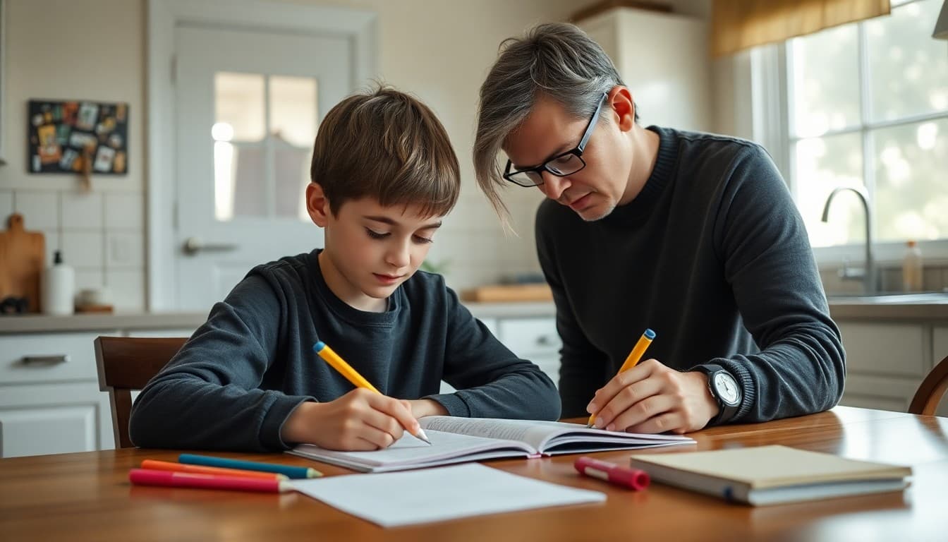 Parent helping fifth grade student with creative writing homework at home kitchen table