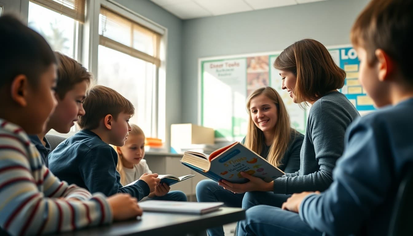 Connecticut classroom students doing a read-aloud activity with their teacher in a library corner