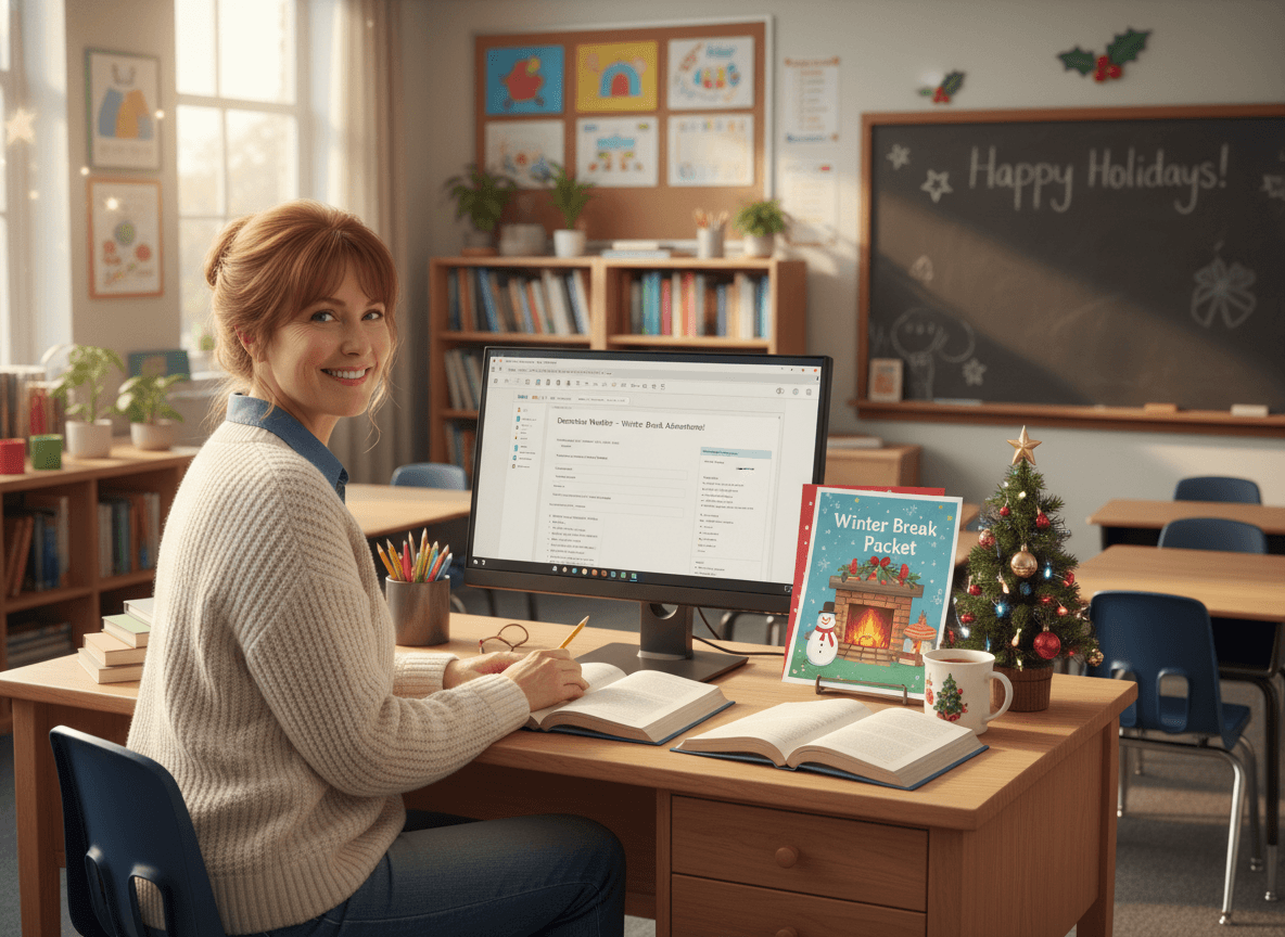 Fifth grade teacher composing December newsletter with winter break learning packet on desk
