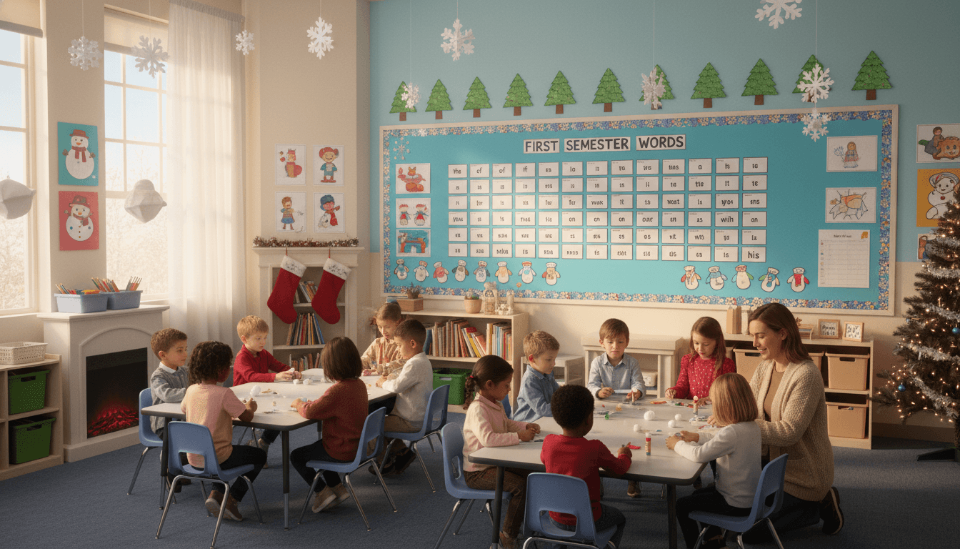 First grade classroom December with winter themed projects and first semester sight word wall