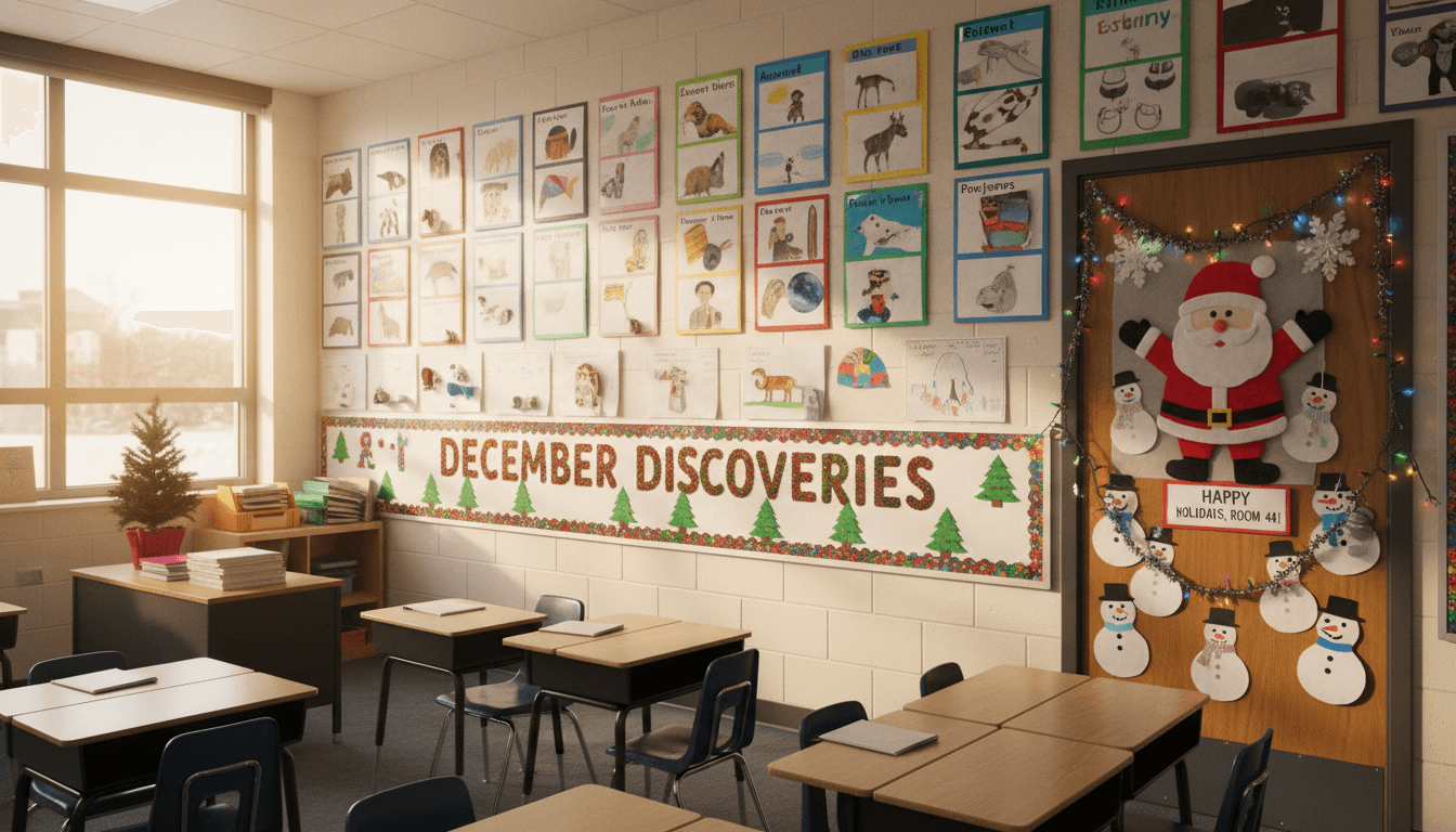 Fourth grade classroom December with completed research projects on display and holiday door decoration