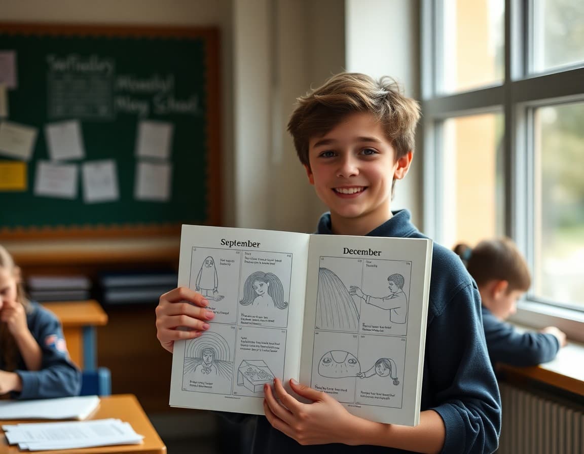 Student holding a portfolio of their work showing growth from September to December