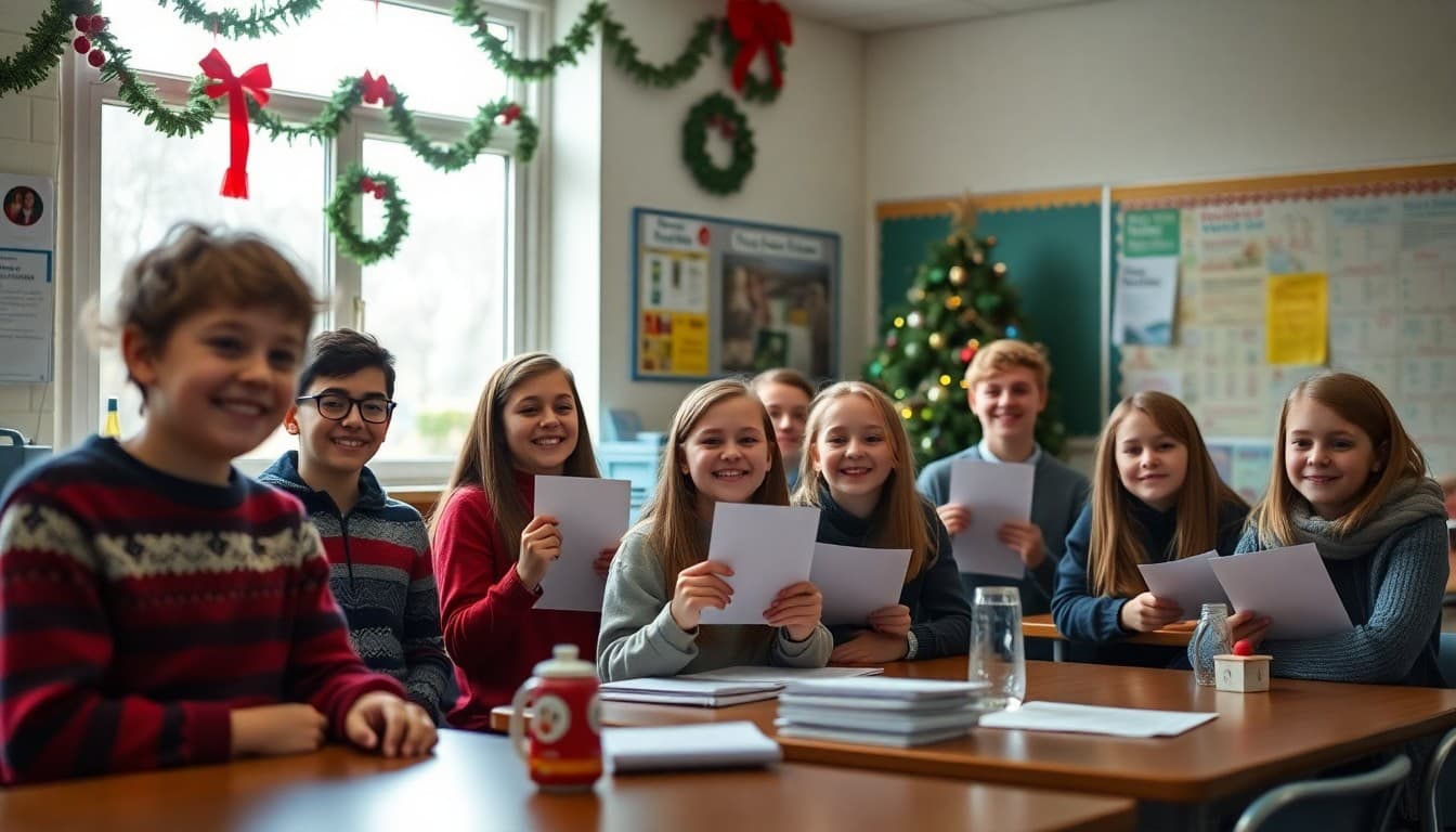 Students celebrating semester achievements in a decorated December classroom