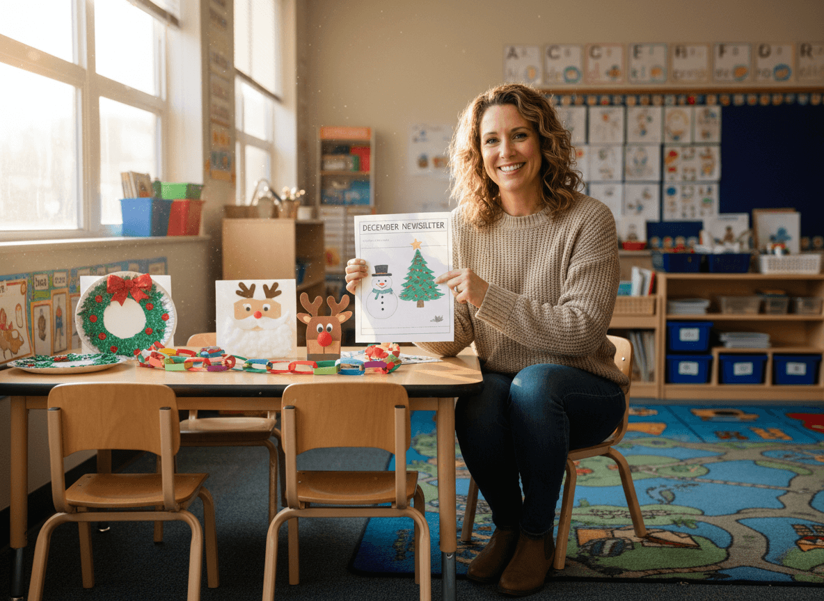 Kindergarten teacher reviewing December newsletter with holiday craft examples displayed