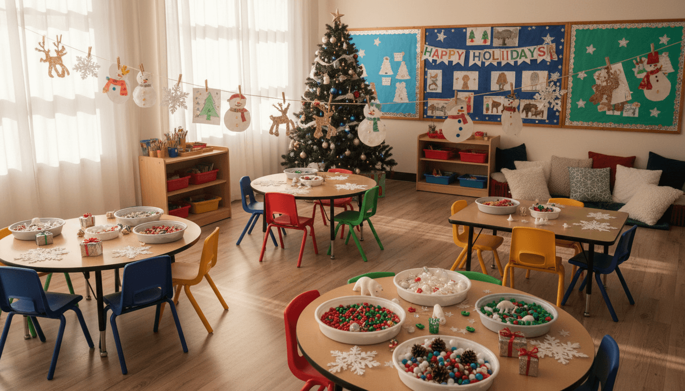 Kindergarten classroom December with winter art projects and holiday sensory bins on classroom tables