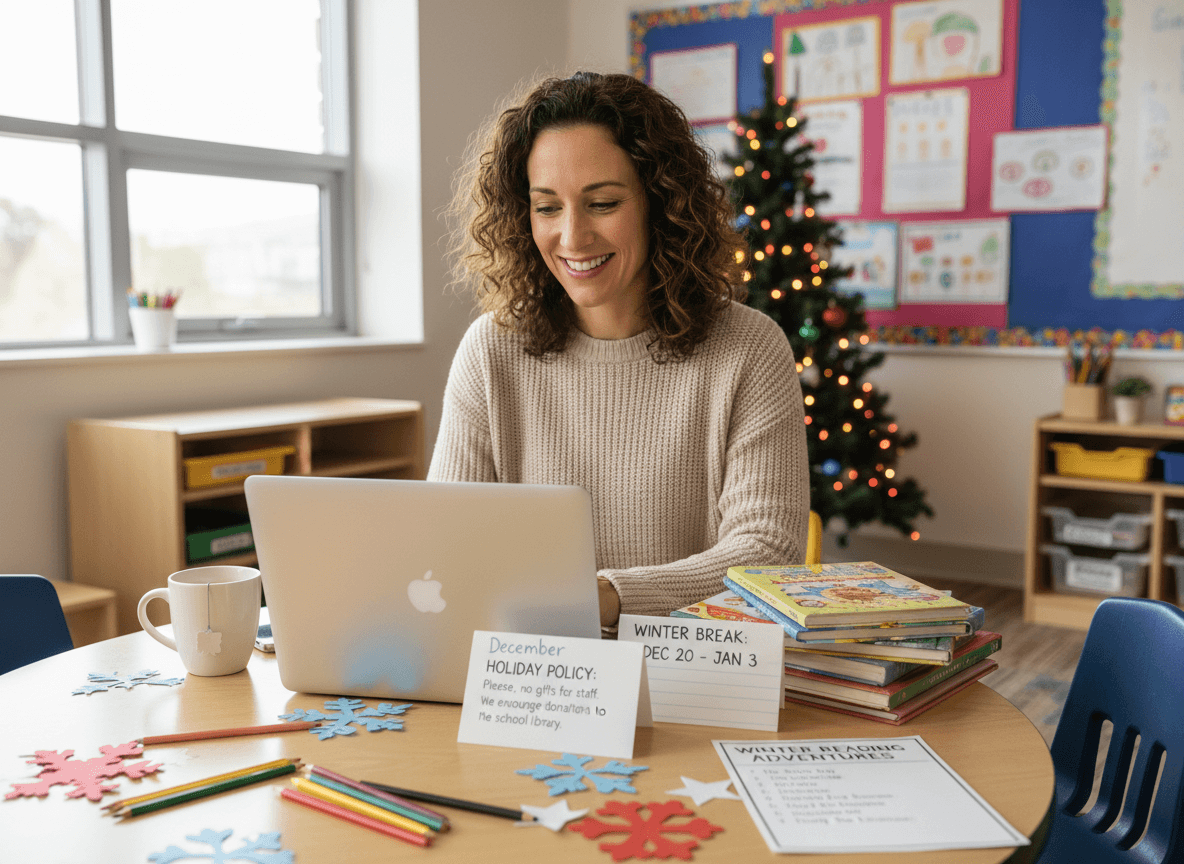 Kindergarten teacher preparing a December parent newsletter with winter break dates, a holiday celebration policy note, and a reading list beside a laptop