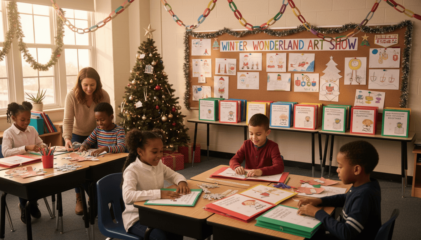 Second grade classroom December with holiday student projects and first semester portfolio folders ready