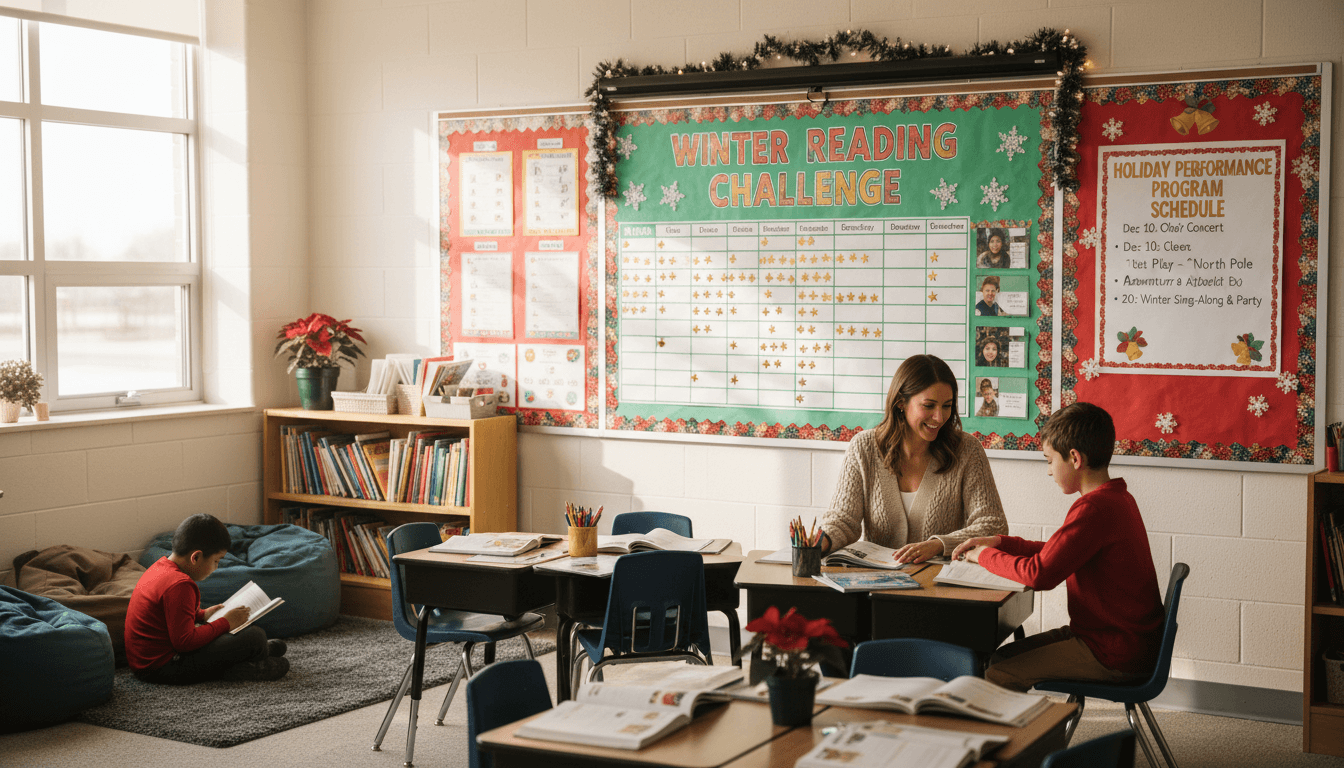 Third grade classroom December with reading challenge tracker and holiday performance program schedule