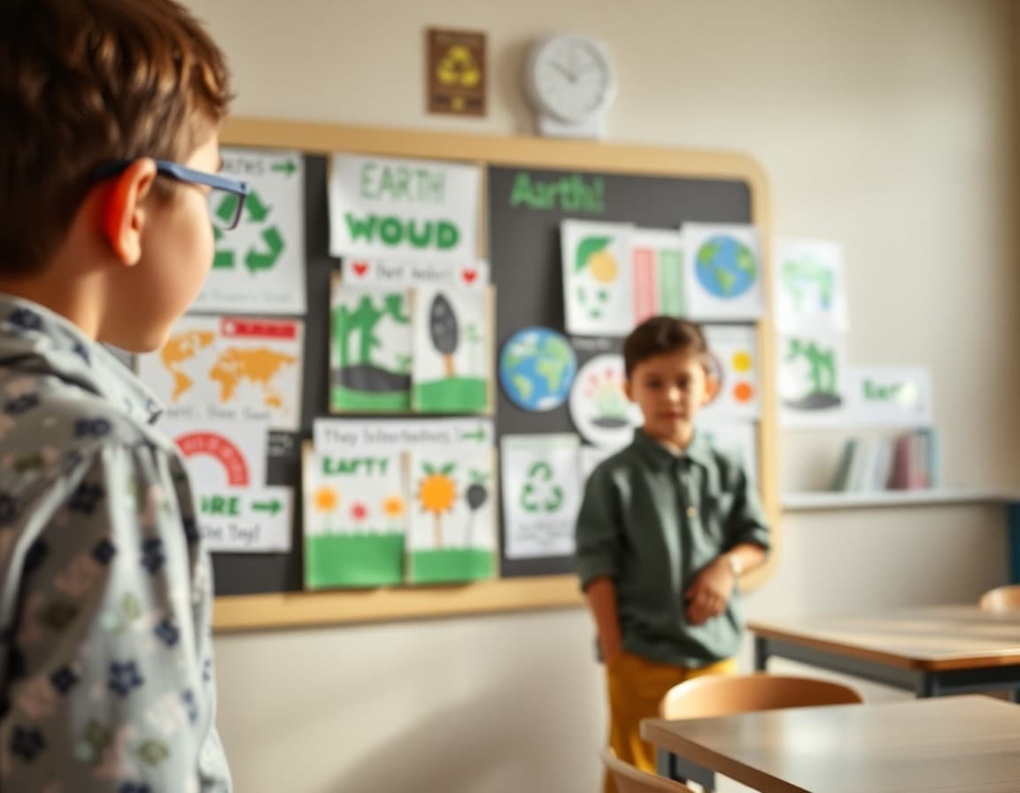 Earth Day student art displayed on a classroom bulletin board with recycling themes
