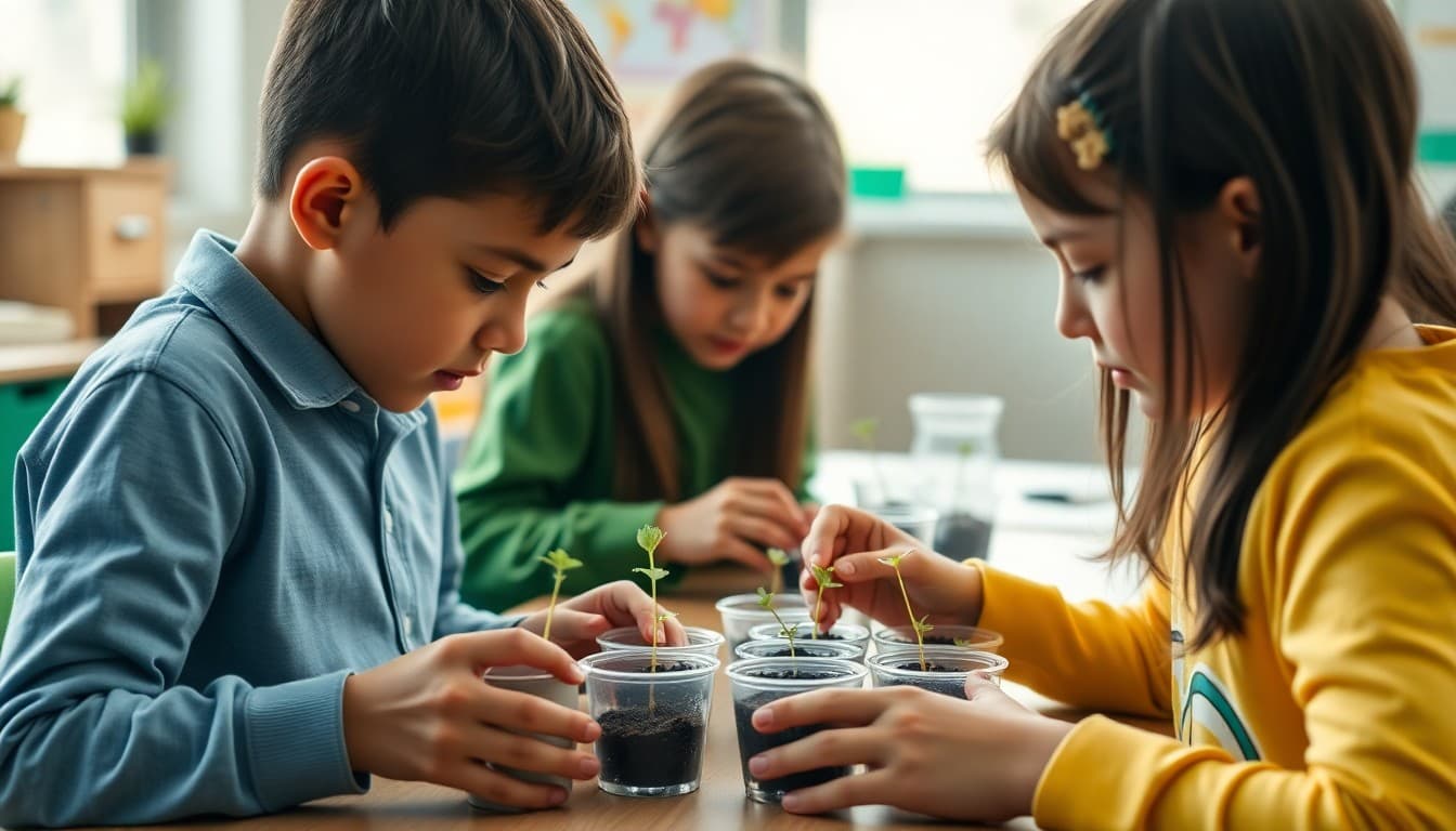 Students planting seeds in small cups during an Earth Day classroom activity