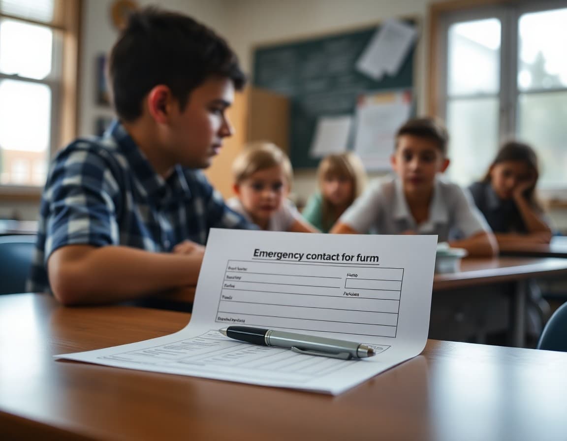 Emergency contact form on a desk with a pen ready for completion
