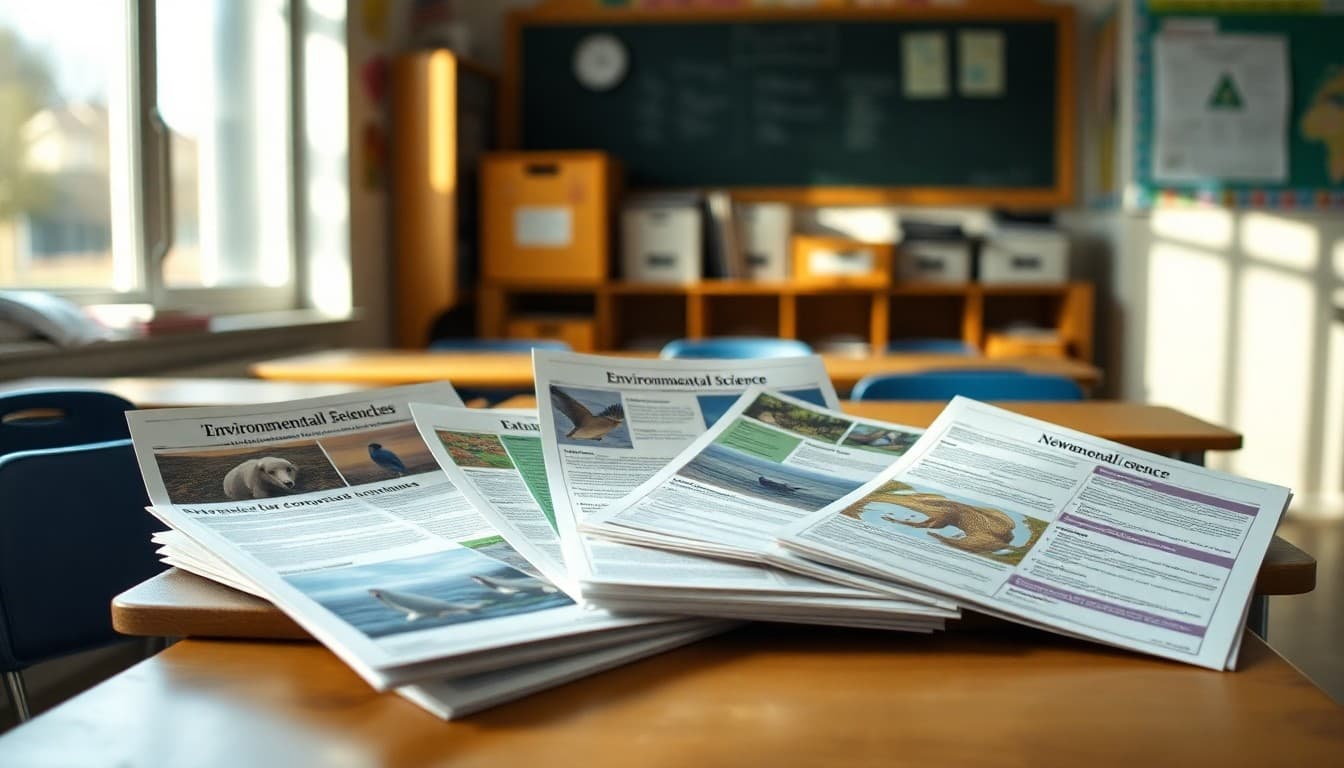 Collection of fifth grade environmental science teacher newsletters laid out on a school desk