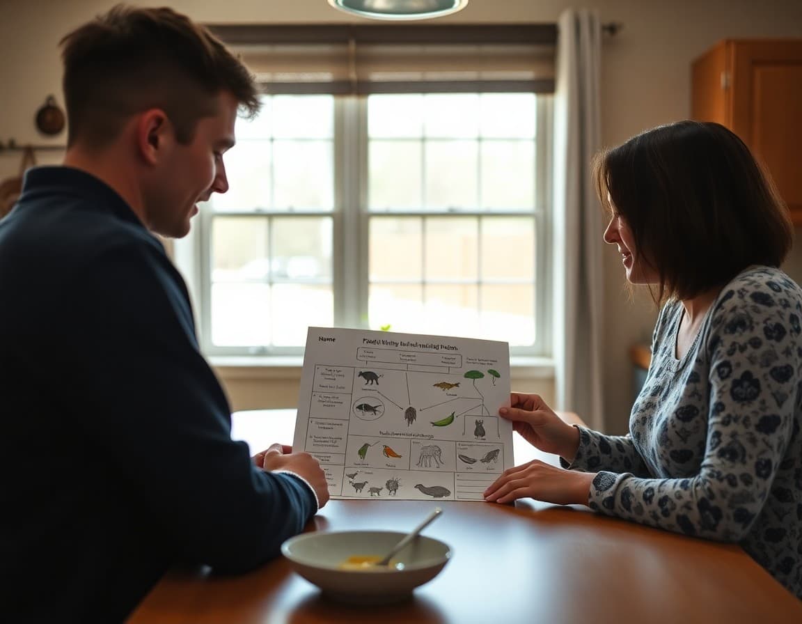 Fifth grade student showing a parent a completed food web diagram at the kitchen table