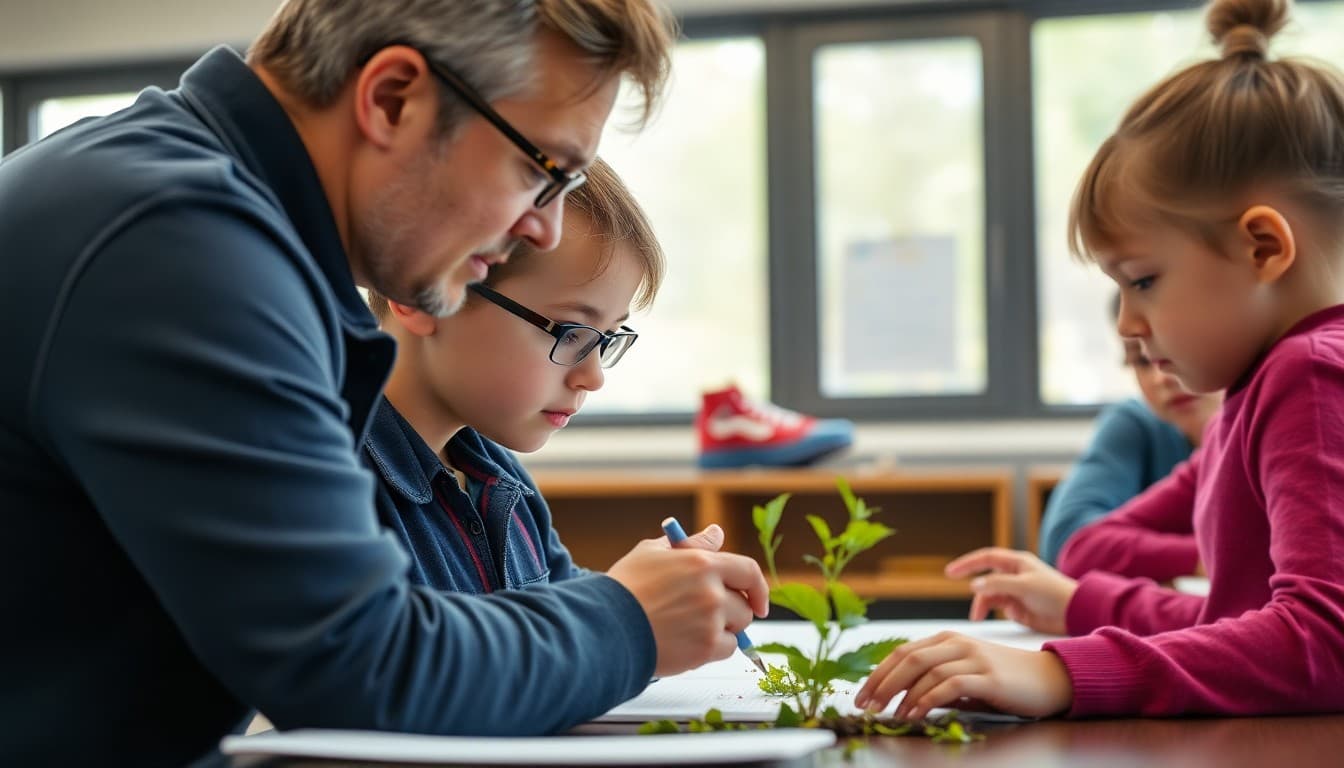 Parent helping a fifth grade student observe nature for an environmental science assignment