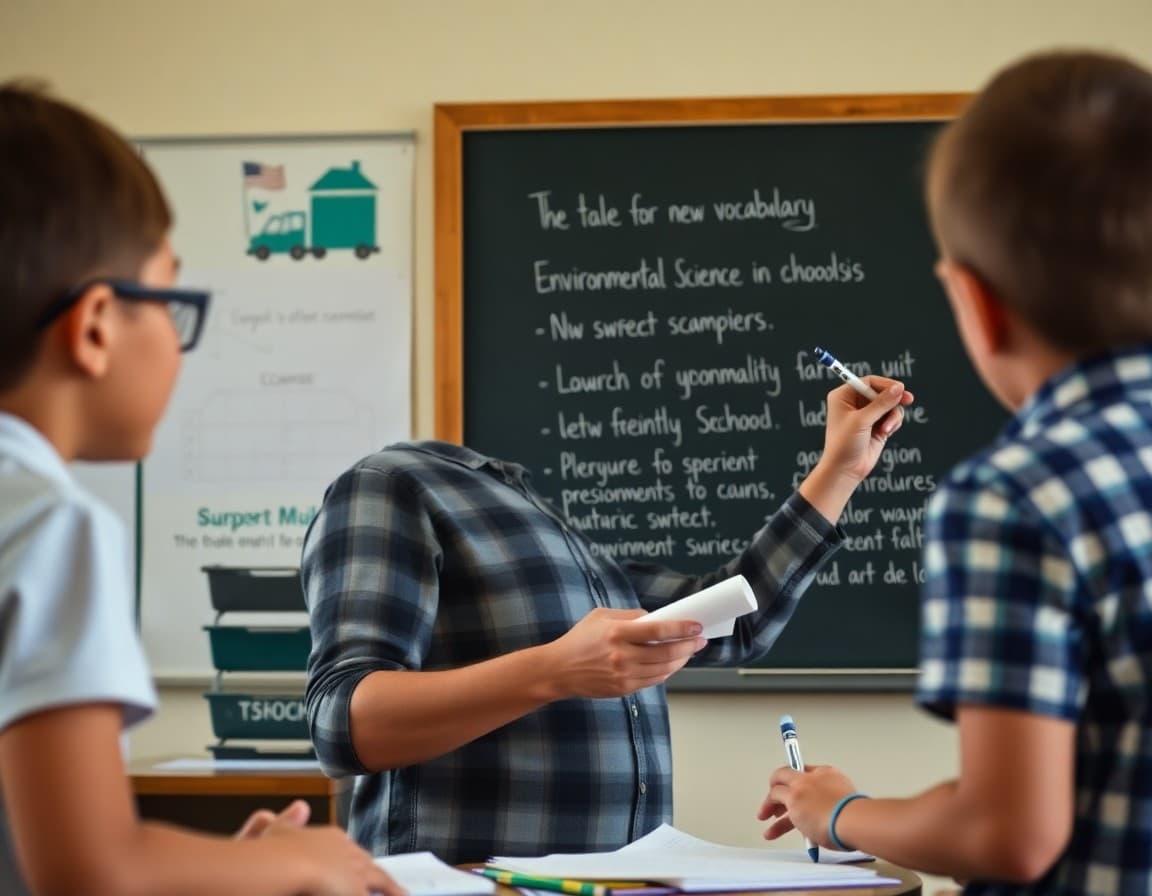 Fifth grade teacher writing key vocabulary for new environmental science unit on board