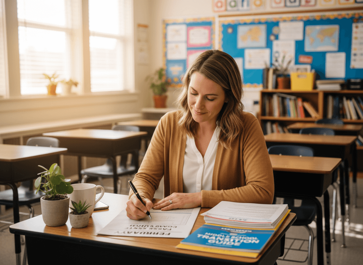 Fifth grade teacher writing February newsletter with middle school transition guide on desk