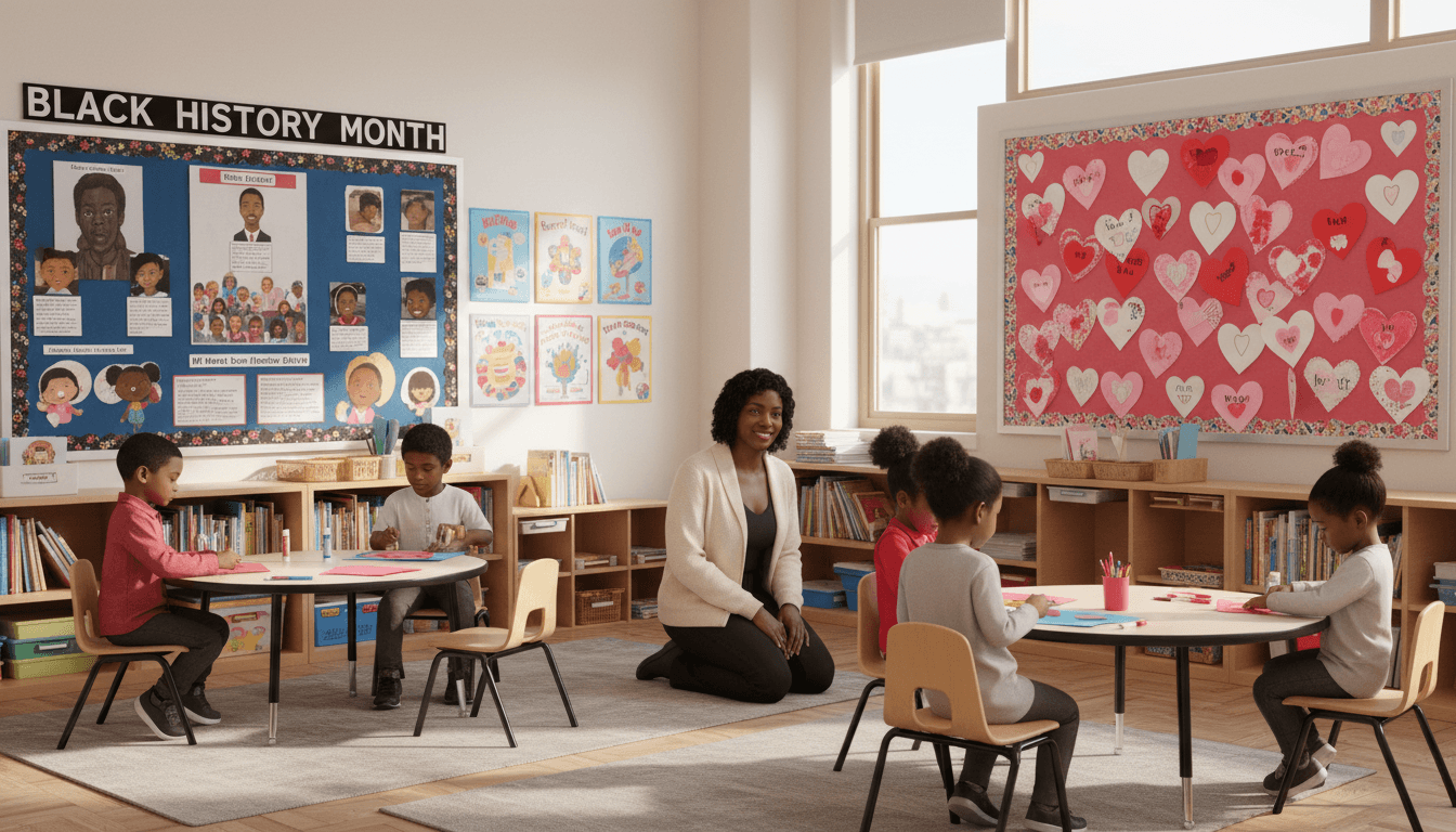 First grade classroom February with Black History Month bulletin board and Valentine's Day heart crafts