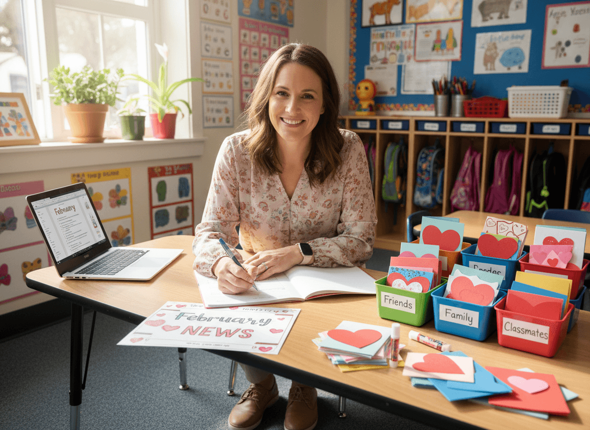 Kindergarten teacher writing February newsletter with Valentine's card sorting activity on classroom table