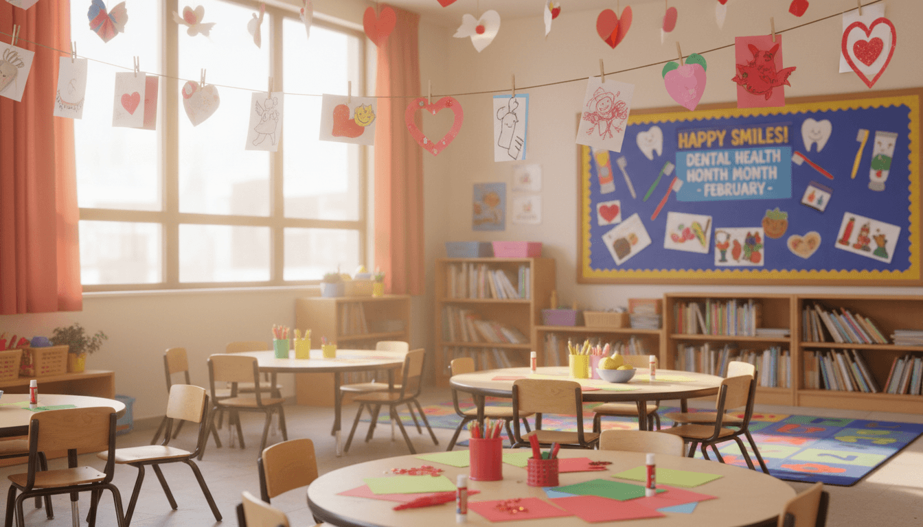 Kindergarten classroom February with Valentine's Day crafts and dental health month poster on bulletin board