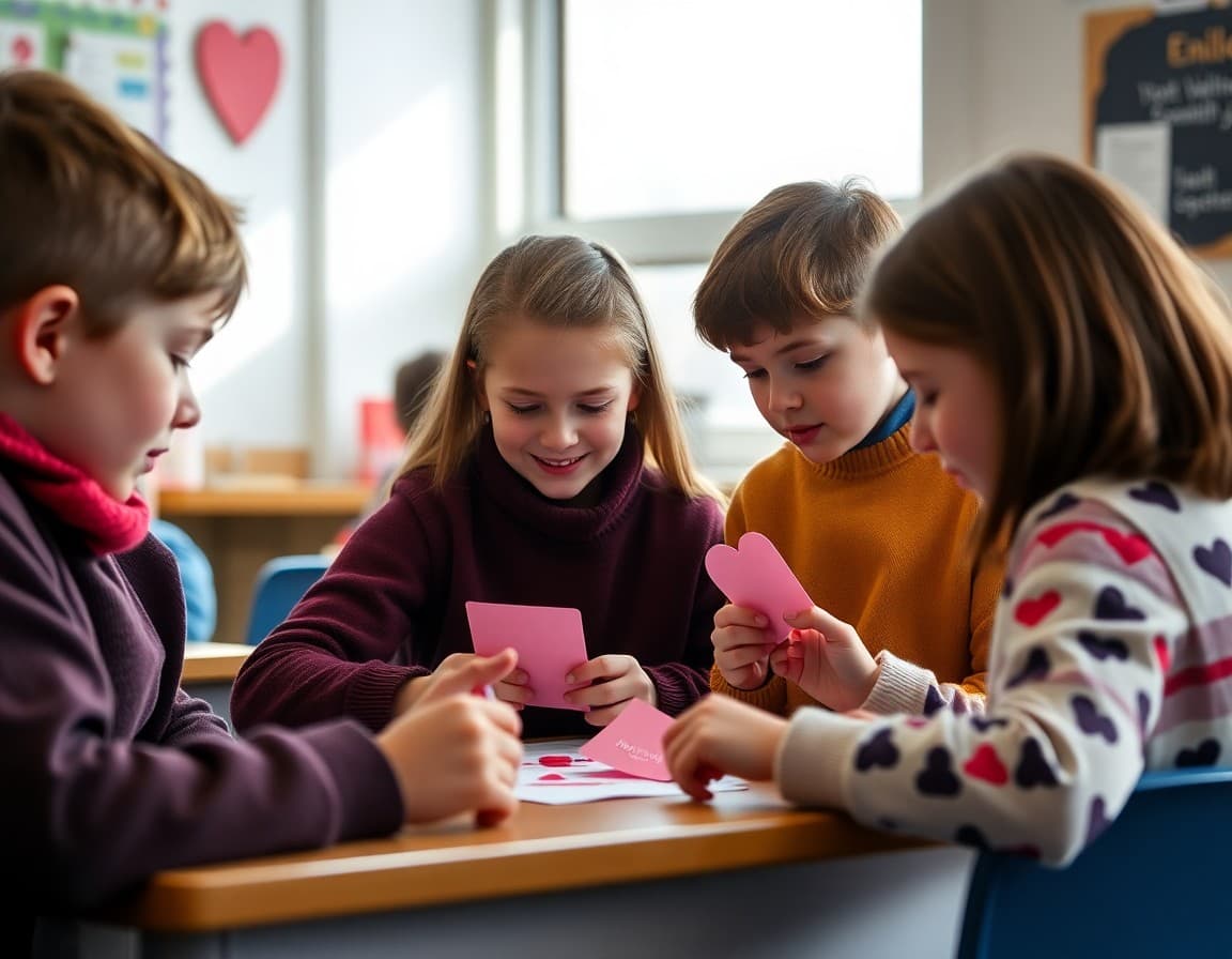 Students working on Valentine card project in classroom in February