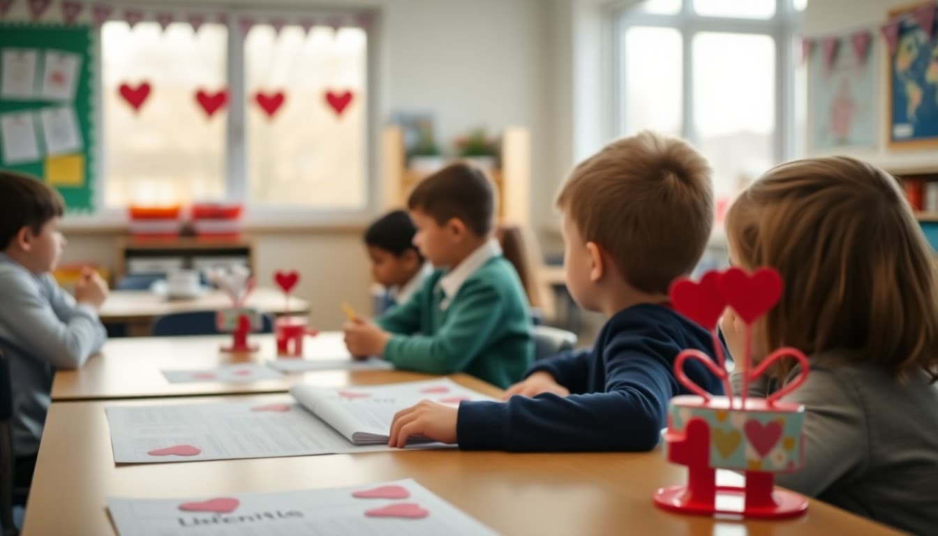 February classroom newsletter with heart motifs and Valentine decorations on table