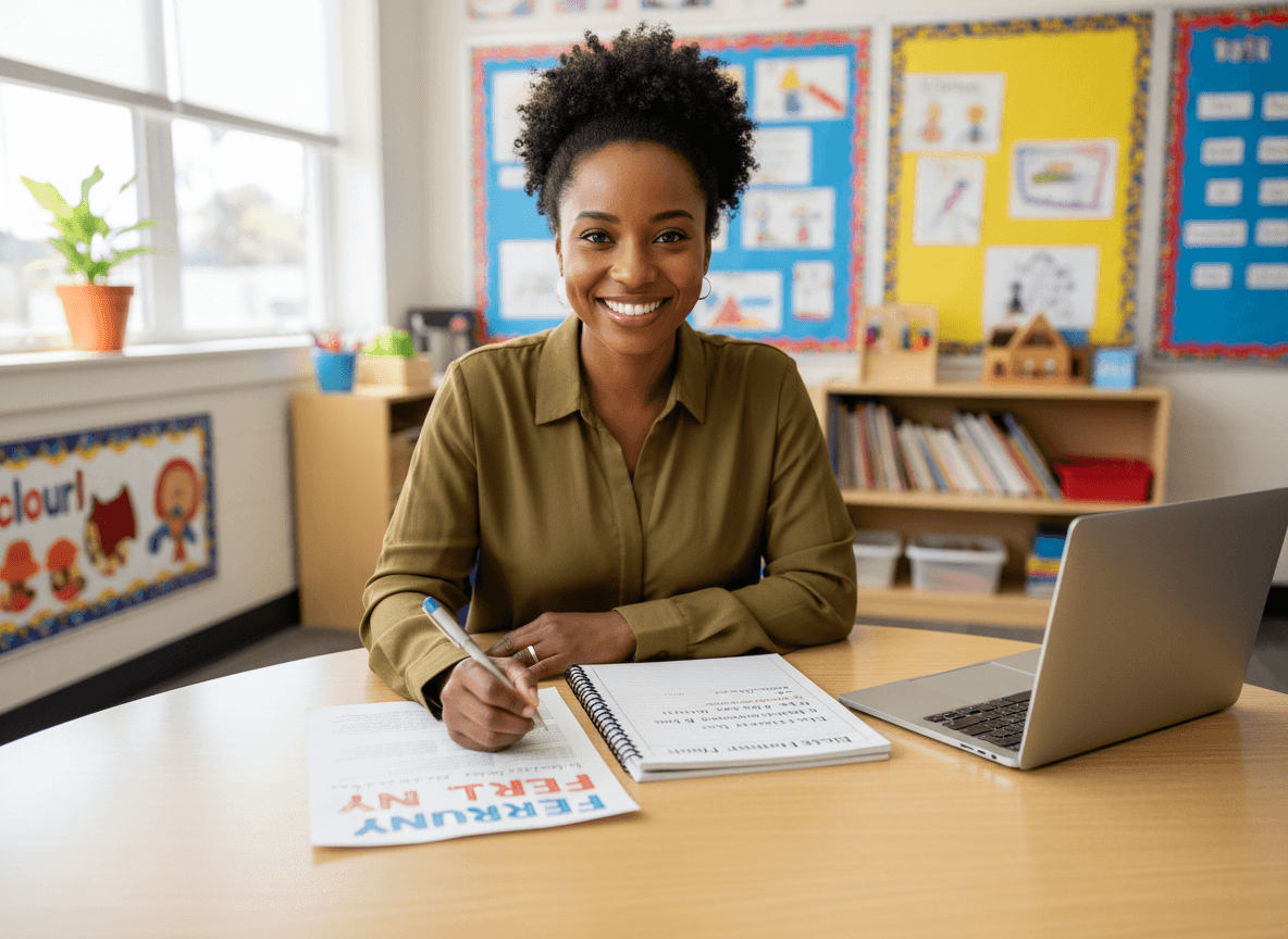 Kindergarten teacher writing a February newsletter with Valentine's Day logistics notes and a Black History Month book list beside a laptop