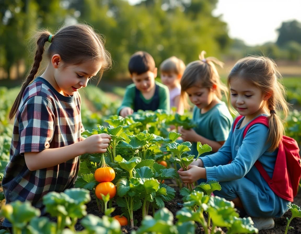 Students picking vegetables in a farm field during a hands-on classroom field trip