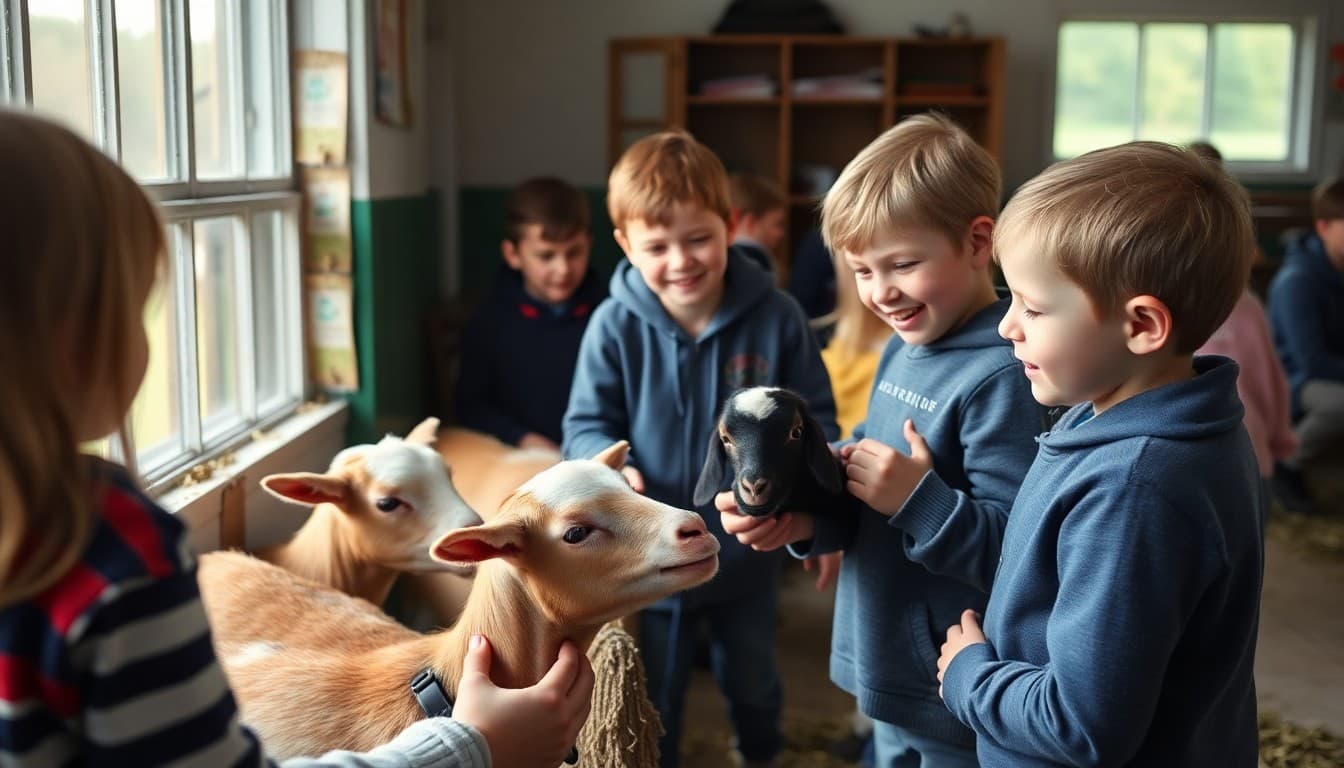 Elementary students petting goats and learning about farm animals on a school field trip